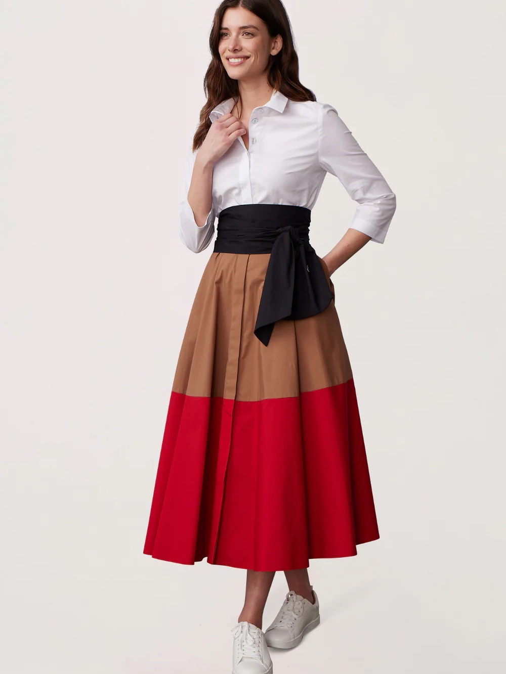 NWT Marianna Deri Colorblock Shirt Dress Belt White, Tan, Black & Red Long Flowy